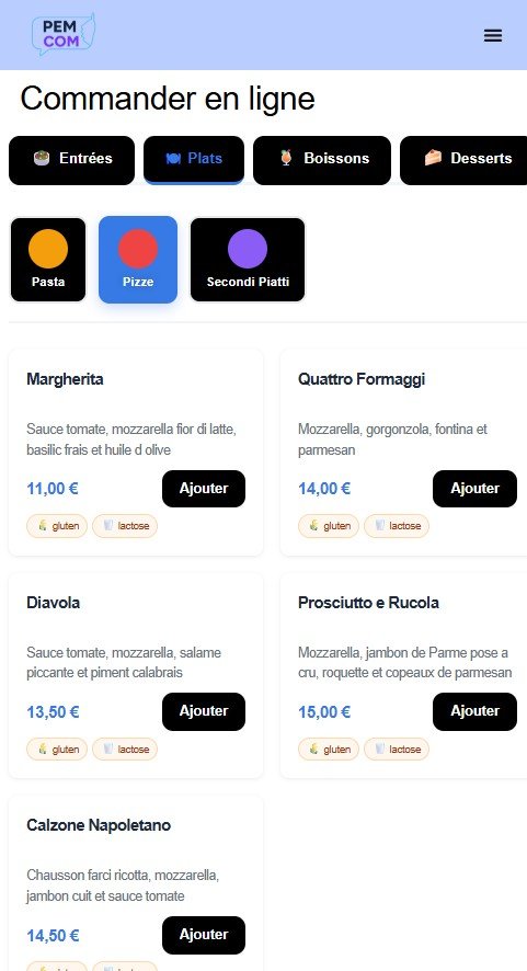 Interface de commande client PEM Restau - menu par QR code